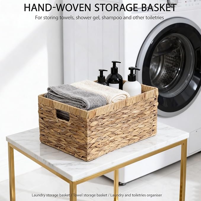 Woven Natural Water hyacinth basket Rectangular organizer basket with Handle for Desktop, Bathroom, Entryway,Kingwillow.(Small)