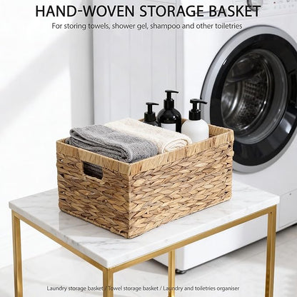 Woven Natural Water hyacinth basket Rectangular organizer basket with Handle for Desktop, Bathroom, Entryway,Kingwillow.(Small)