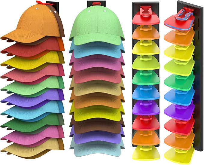 Volnamal Hat Organizer for Baseball Caps, 2 Pack Hold Up to 40 Hats, Hat Rack for Wall Space Saving, Hat Hanger w/Strong Adhesive Hat Storage Holder Display for Closet Door and Wall (Black & Color)
