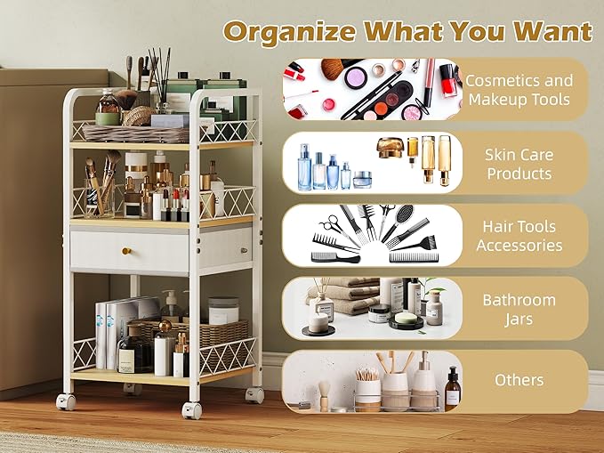Makeup Organizer Rolling Cart with Drawer, Makeup Organizer on Wheels, Rolling Makeup Bathroom Storage Cart, Cosmetics Display for Nail Polish Makeup Brush