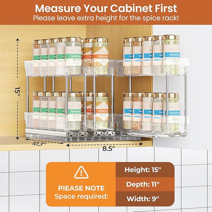Mystozer Pull Out Spice Rack Organizer for Cabinet, Slide Out Spice Racks Organizer, Easy to Install Spice Cabinet Organizers, 2.3''Wx10.66''Dx8.11''H, 3 Packs-2 Tiers(Clear)