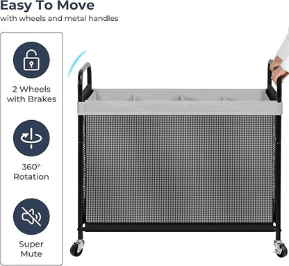 STO STO Laundry Hamper 4 Section, 140L Rolling Laundry Sorter Cart with Removable and Washable Liner Bag, Clothes Hamper with Wheels and Metal Handle for Laundry Room and Bedroom, Gray
