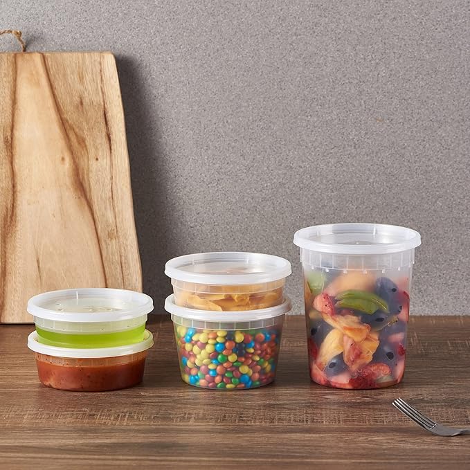 Jaluxing 32oz Plastic Deli Containers, 240 Sets - Leakproof, Stackable, BPA Free, Microwavable, Freezer Safe