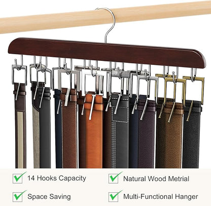 Belt Hanger for Closet, Sturdy Wood Belt Rack Closet Accessories with 14 Hooks Belt Organizer for Closet Organizers and Storage Max 42 Belts-Mahogany 1 Pack