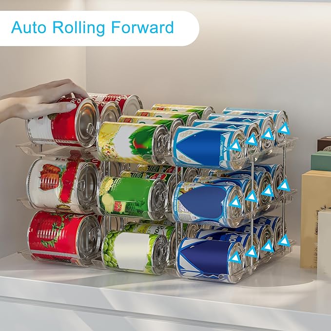 Can Organizer For Pantry, Adjustable Height And Width Canned Goods Organizer, Soup Can Rollers Organizer Holds Up to 48 Cans for Kitchen Cabinet or Refrigerator (CLear 4 Tier)
