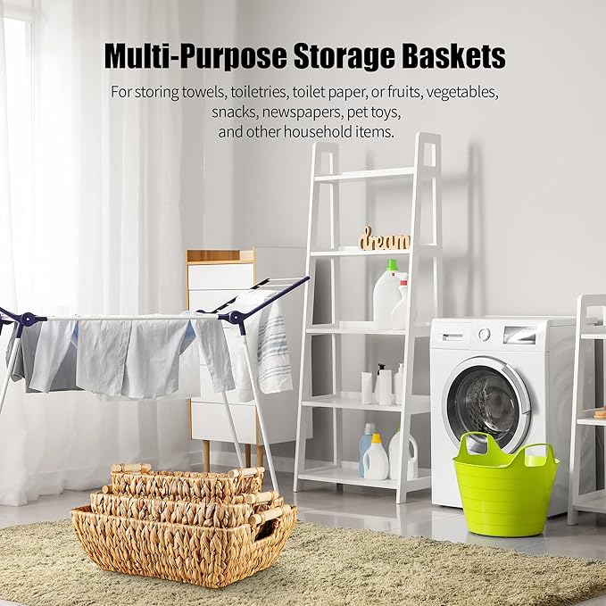 Mowtanco Woven Storage Baskets – Set of 3 Handwoven Water Hyacinth Wicker Baskets with Wooden Handles for Organizing, Decorative Baskets for Laundry Room, Home Decor - Large, Medium & Small