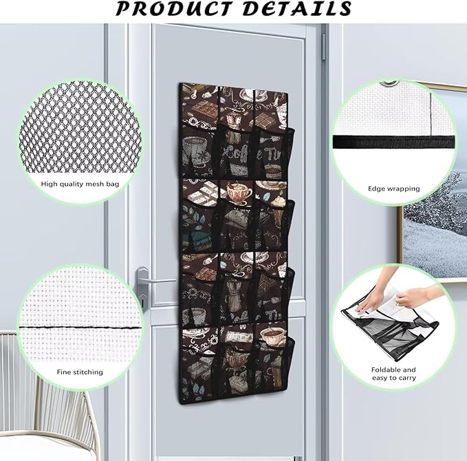 Coffees Over The Door Closet Organizer 12 Pockets Wall Hanging Storage for Living Room Space Saving Behind Door Organizer for Closet Mesh Fabric Multi-Funtion Storage Bag
