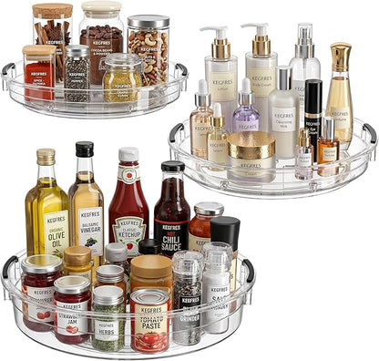 3 Pack Lazy Susan Organizer, Rotating Turntable Spice Rack for Kitchen Storage, Pantry, Cabinet, Fridge & Countertop, Condiment & Seasoning Holder, 9.25", 10.6", 12", Clear