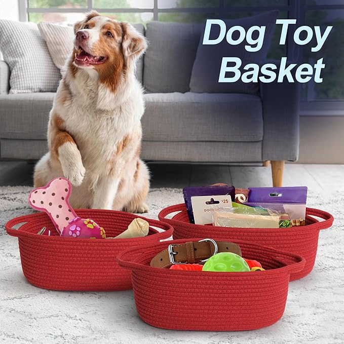 MEGASKET Red Woven Basket, 13" x 9" x 5" Baskets for Gifts Empty, Cute Cotton Rope Cat Dog Toy Bin Box, Small Woven Bin for Organizing, Red Room Decor, Nursery Cloth Diaper Storage Organizer