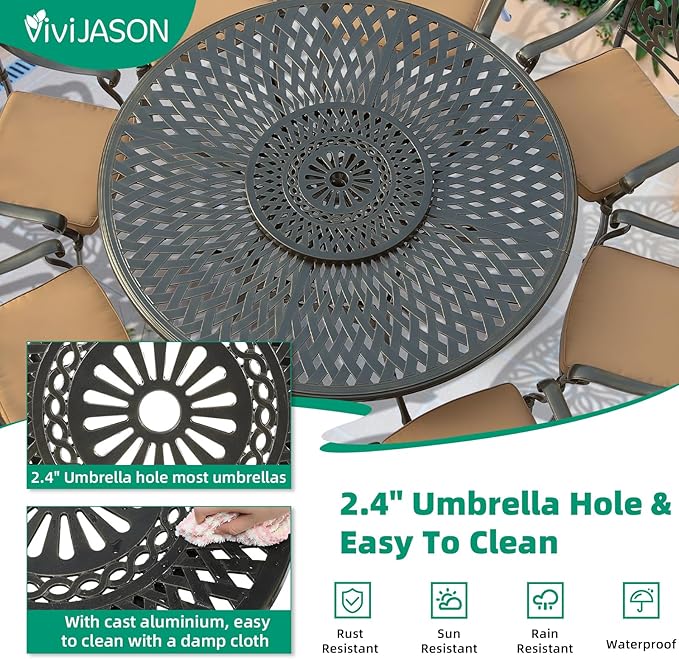 VIVIJASON 24" Patio Cast Aluminum Lazy Susan Turntable, 360° Rotating Display Tray for Outdoor Dining Table, Spinning Rotating Food Server Party Centerpieces with Umbrella Hole, Lattice Style