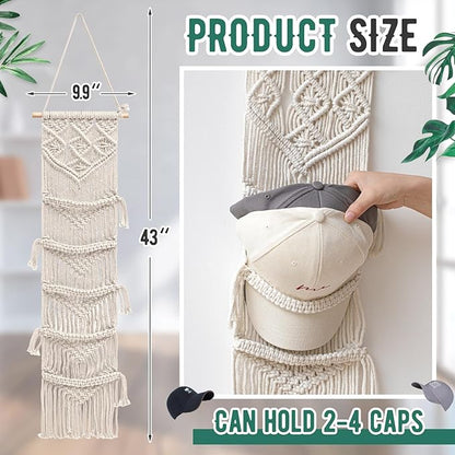 Wonderjune 2 Pcs Baseball Cap Holder, Boho Macrame Hat Organizer for Wall, over the Door Hat Rack for Decoration and Display Handmade Hanger for Baseball Holder up to 20 Caps(White)