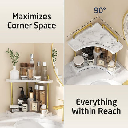 2-Tier Hancrafted Ceramic Bathroom Counter Organizer, KES Marble Pattern Corner Bathroom Countertop Organizer, Vanity Skincare and Makeup Storage Tray Shelf, Polished Gold, BSC900B-PG