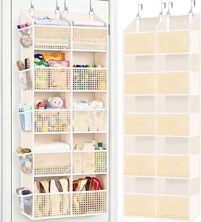 Over The Door Organizer 5 Tiers, Extra Large Behind Door Storage of 10 Compartments, 80 lbs Weight Capacity Hanging Storage Organizer with Clear Window Kids Toys, Shoes,Diapers, Braided Style