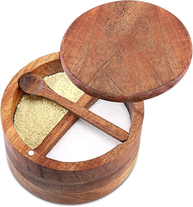 Acacia Wood Salt and Pepper Bowl, Nature Wood Salt Cellar and Spices Storage Box With Built-in Spoon and Magnetic Swivel Lid (Two Compartments 12 oz)