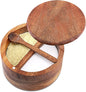 Acacia Wood Salt and Pepper Bowl, Nature Wood Salt Cellar and Spices Storage Box With Built-in Spoon and Magnetic Swivel Lid (Two Compartments 12 oz)