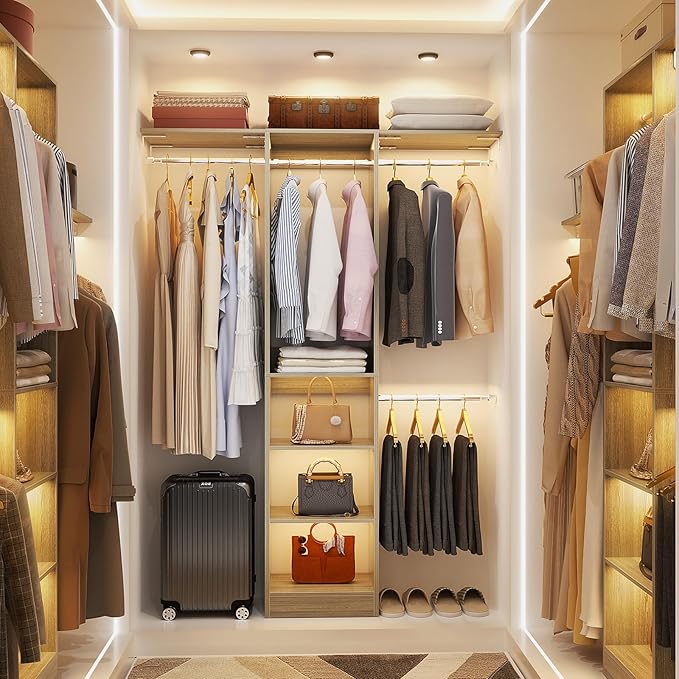 Besiost 48" Closet Organizer System, 4FT Closet System for Small Closets with 4 Hanging Rods & 3 Shelves, 80"H Small Closet Organizers and Storage for Bedrooms, Cloakrooms, White Oak