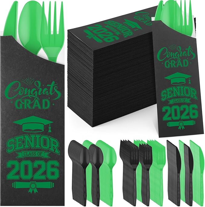Funnymoom 400 Pcs 2026 Graduation Wrapped Silverware Bags Holder - Disposable Dinnerware Set Includes Plastic Spoons Knives and Forks, Class of 2026 Parties School Congrats Supplies(Black and Green)