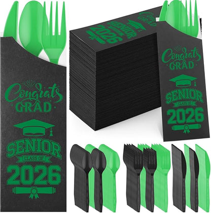 Funnymoom 400 Pcs 2026 Graduation Wrapped Silverware Bags Holder - Disposable Dinnerware Set Includes Plastic Spoons Knives and Forks, Class of 2026 Parties School Congrats Supplies(Black and Green)