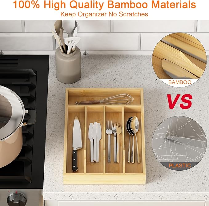 Youpehom Bamboo Utensil Organizer for Kitchen Drawers, Utensil Tray and Cutlery Silverware Holder,Wood Drawer Dividers with 5 Slots，2 pack