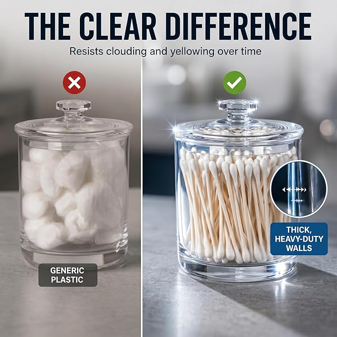 ForPro Clear Acrylic Apothecary Jars with Lids, Set of 2 Shatterproof Qtip Holder & Cotton Ball Container, 15 Oz Bathroom Vanity Organizer Canister for Kitchen & Office Decor, 4.5" x 3.5"