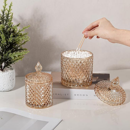 2 Pack Qtip Holder Glass Apothecary Jars with Lid for Bathroom Canisters Dispenser Decor Storage Organizer for Cotton Swabs, Balls, Pads, Floss Picks, Candy, Amber