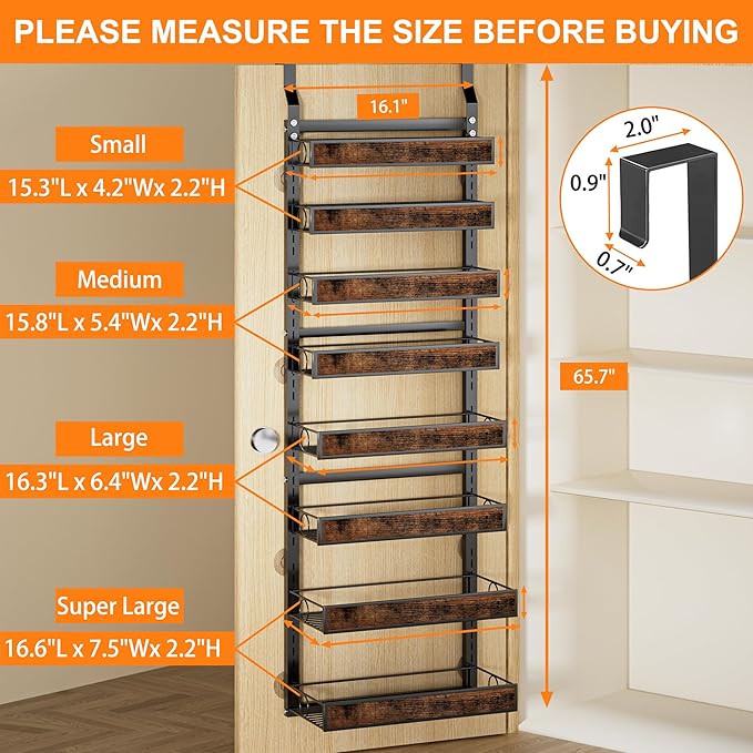 8 Tier Over The Door Pantry Orangizer 2 IN 1 Wall Mounted or Hanging Spice Rack with Adjustable Wood Basket,Heavy Duty Seasoning Storage Shelf for Kitchen Pantry and Bathroom