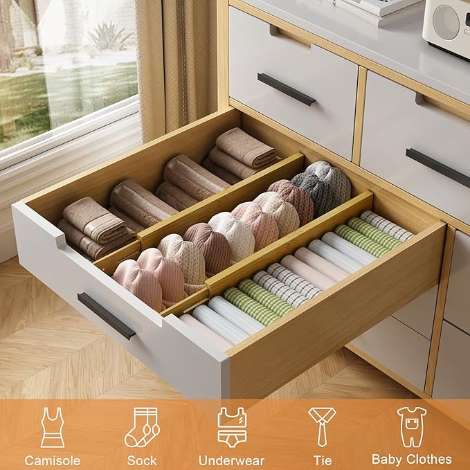 Bamboo Drawer Dividers,17-22" Adjustable Kitchen Drawer Organizer for Clothes,8 Pack Expandable Drawer Organization Separators for Bedroom,Bathroom,Dresser and Office,Natural