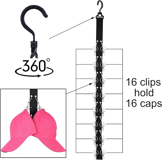 Closet Hanging Cap Organizer 16 Baseball Cap Rack Closet Hook Cap Holder Hat Storage Organizer Keep Hats Cleaner Than a Hat Rack - 2 Pack