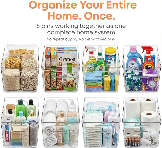 MOONEDGE 8 Pack Clear Plastic Storage Bins, 12 x 8 x 6in Stackable Pantry Organizer Cabinet Containers for Under-Sink Storage, Kitchen, Fridge, Bathroom and Home Organization