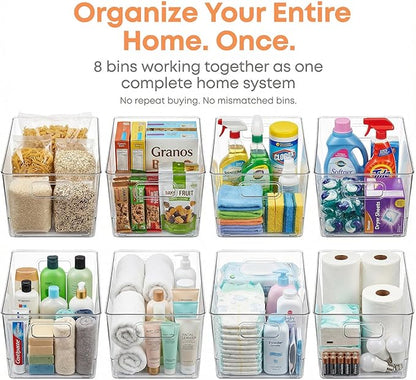 MOONEDGE 8 Pack Clear Plastic Storage Bins, 12 x 8 x 6in Stackable Pantry Organizer Cabinet Containers for Under-Sink Storage, Kitchen, Fridge, Bathroom and Home Organization