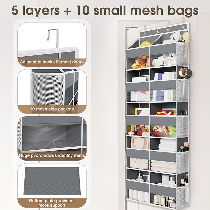 5 Tiers Over The Door Organizer Storage, 88lbs Weight Capacity Behind the Door Storage of 10 Compartments & 10 Mesh Pockets, Hanging Doors Storage Organizer for Shoes, Clothes,Pantry