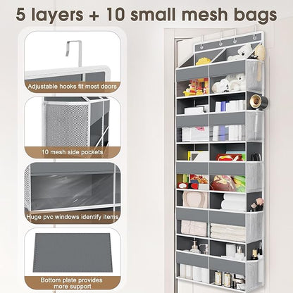 5 Tiers Over The Door Organizer Storage, 88lbs Weight Capacity Behind the Door Storage of 10 Compartments & 10 Mesh Pockets, Hanging Doors Storage Organizer for Shoes, Clothes,Pantry
