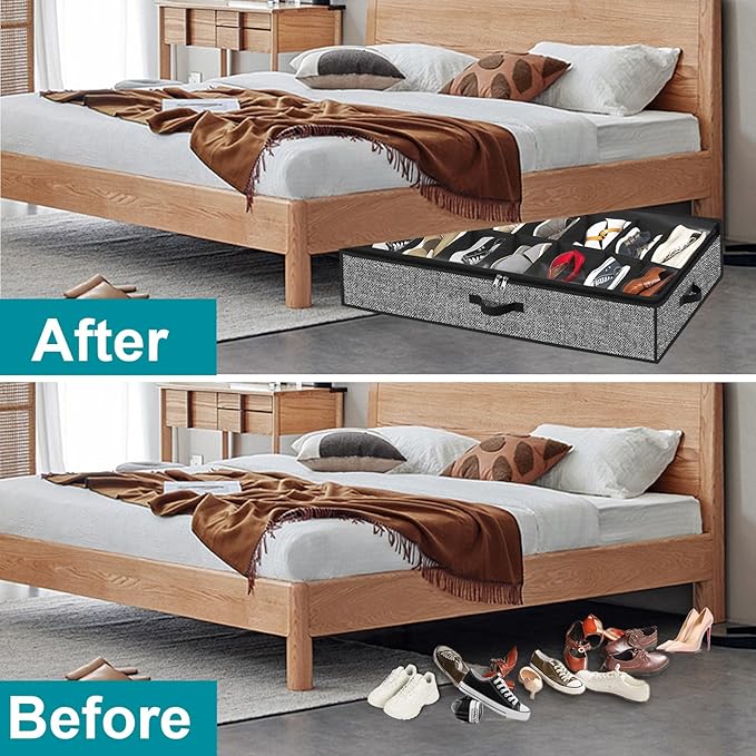 Under Bed Shoe Storage Organizer for Closet 2 Pack- Fits 28 Pairs Underbed Shoes Container Boxes with 2 Sturdy Handles and Clear Window Black
