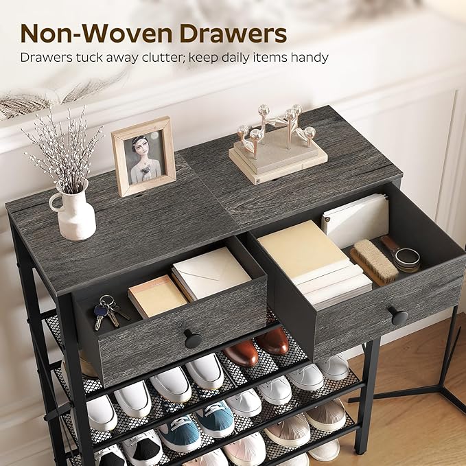 YATINEY 5 Tier Shoe Rack, Large Capacity Shoe Storage Organizer, Metal Shoe Shelf with Drawer and Wooden Top, for 20 Pairs of Shoes, for Entryway, Closet, Charcoal and Black SS25BCY1