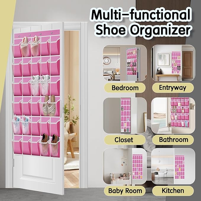 Kotkn Over the Door Shoe Organizer with 30 Breathable Mesh Pockets - Large Capacity Closet Storage for Men & Women, Hanging Shoe Rack Organizer (Pink)