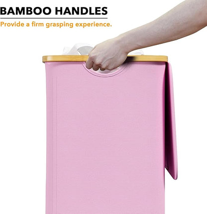 SpaceAid Laundry Hamper with Lid, 110L Large Tall Clothes Basket Bin with Bamboo Handles, Collapsible Laundry Hamper for Bedroom, Bathroom, Dorm, Laundry Room - Pink