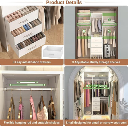 Besiost 4FT Small Closet System with 3 Fabric Drawers, 48'' Closet Organizer System With 3 Adjustable Shelves, Flexible Built-In Clothes Garment Rack for Small Space, 48" L x 13" W x 71" H, White