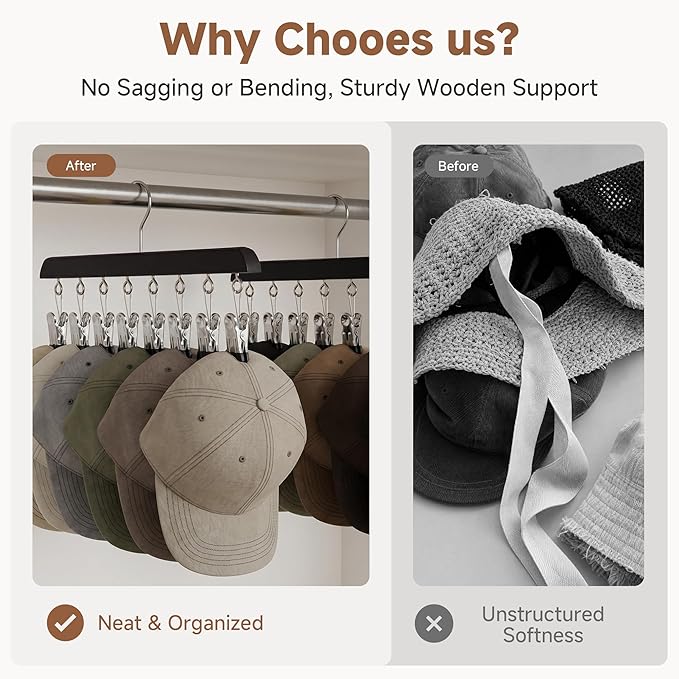 StorageWorks 4 Pack Hat Rack, Closet Organizer and Storage for Baseball Caps,Hat Hanger with 10 Adjustable Stainless Steel Clips, Fits All Caps, Black