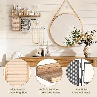 SOLIMINTR Hanging Jewelry Organizer Wall Mount with Rustic Wood Shelf, Ring Display Box, Ear Studs Earring Holder, Rotating Necklace Holder Organizer