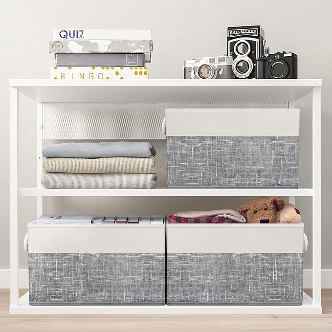 Fab totes Storage Bins 2-Pack, Foldable Storage Baskets for Organizing Toys, Books, Shelves, Closet, Large Storage Box with Rope Handles, Sturdy Organizer Bins, White & Grey