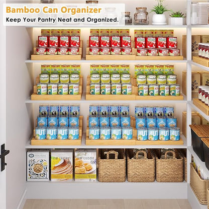 2-Pack Expandable Bamboo Can Rack Organizer for Pantry Display, 3-Tier Adjustable Can Storage Holder, Soda & Canned Food Organizer for Cabinets & Countertops, Holds Up to 48 Cans (Patent Pending)