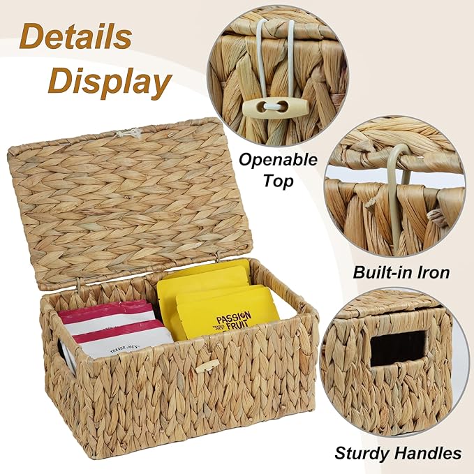 Water Hyacinth Baskets for Organizing, Rectangular Wicker Basket with Lid, Storage Baskets Bins with Built-in Handles for Shelf, Decorative Woven Basket Boxes for Storage Home Organizer Decor