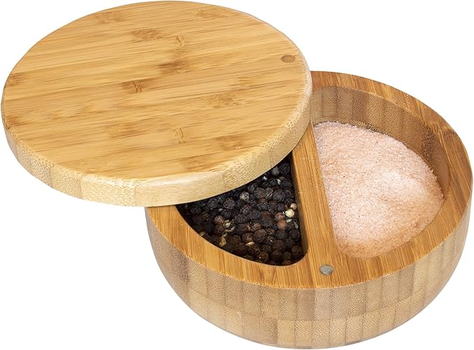 Totally Bamboo Salt Keeper Duet – Bamboo Salt Cellar with Dual Compartments for Salt and Pepper or Spices, Magnetic Swivel Lids, Natural Bamboo Salt Box, 8 Ounce Capacity