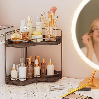 2-Tier Corner Bathroom Counter Organizer with Embedded Screw Holes, Secure & Stable Wood Vanity Shelf for Makeup and Skincare Essentials - Space Saving Bathroom Countertop Storage, Dark Brown
