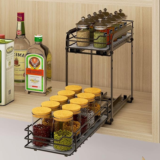 BOIVSHI Spice Rack Organizer for Cabinet, 2 Tier Pull Out Spice Organizer for Cabinet Height Adjustable Heavy Duty Metal Basket for Inside Cabinets & Pantry Closet (5.5''Wx10.5''Dx9.5''H)