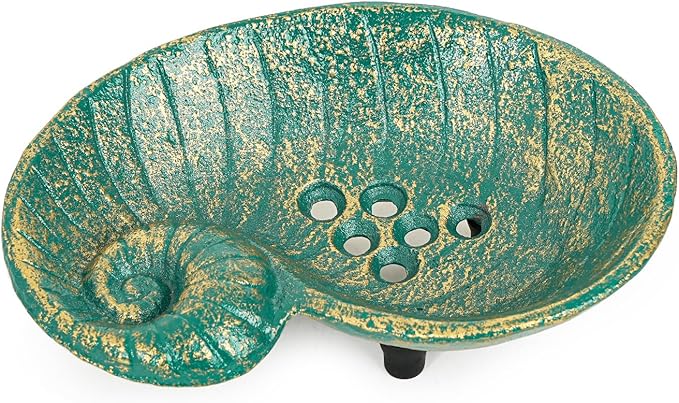 Sungmor Heavy Duty Cast Iron Soap Holder, Vintage Bar Soap Dish for Kitchen Bathroom Sink, Lovely Seashell Shape & Antique Green Sponge Dish Soap Tray, Decorative Jewelry Holder Tabletop Container