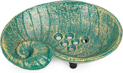 Sungmor Heavy Duty Cast Iron Soap Holder, Vintage Bar Soap Dish for Kitchen Bathroom Sink, Lovely Seashell Shape & Antique Green Sponge Dish Soap Tray, Decorative Jewelry Holder Tabletop Container