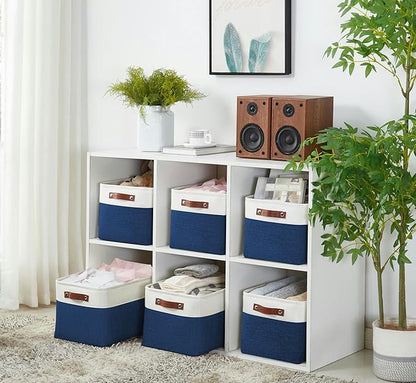 DECOMOMO Storage Bins, Large Fabric Storage Baskets for Shelves, Decorative Linen Closet Organizer, 15 x 11 x 9.5 inches (Navy Blue & White, 3 Pack)
