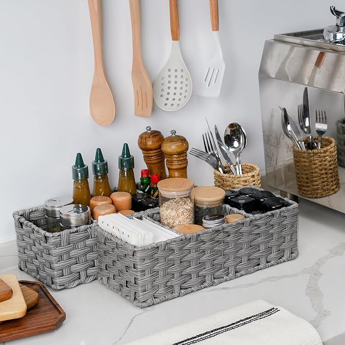 GRANNY SAYS Toilet Tray Tank Topper, Wicker Baskets for Storage, Set of 2 Waterproof Bathroom Basket for Organizing, Gray Bathroom Organization Baskets, 14¼" x 6" x 4¼"