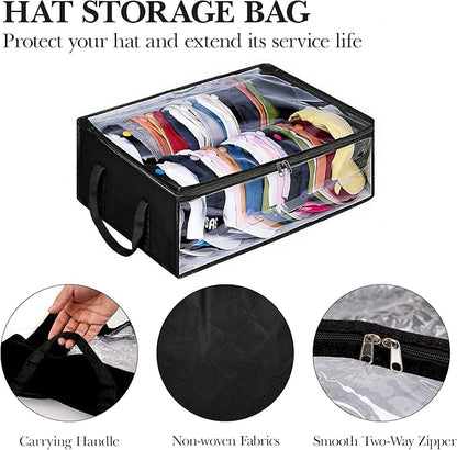 Hat Organizer for Baseball Caps, Non-Woven Wide Hat Storage Box with Handle, Large Hat Racks Holder for Bedroom Closet (Black)